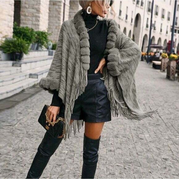 Fuzzy Trim Fringe Hem Space Dye Batwing Sleeve Cardigan - Picture 4 of 5